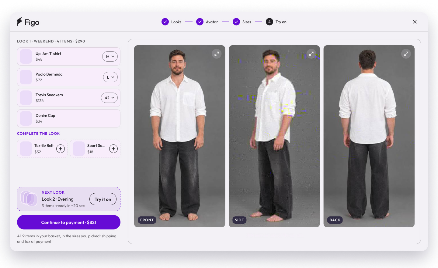 Figo try-on on desktop: look items with sizes and front, side and back renders